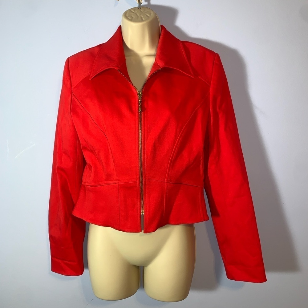 Cache poppy Red fitted Jacket blazer gold zip up split scalloped back 12 Y2K